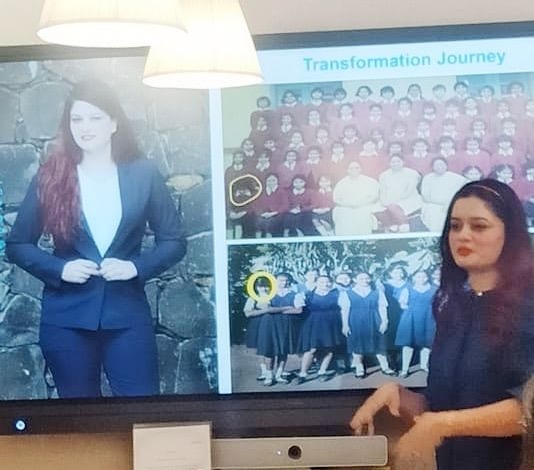 Anushikha Dwivedi presenting her Transformation Journey slide beside her childhood school photographs